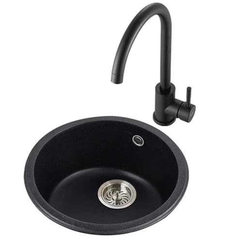 SXSLTSA Schwarze runde Quarzküche mit Wasserhahn und Zubehörleiste, Kratzfest, hitzebeständig, Unterbau/Aufbau (46 x 46 x 21 cm) von SXSLTSA