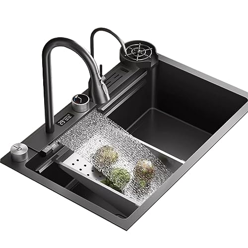 SXSLTSA Schwarzer Küchenwasserfallhahn mit Digitalanzeige, Einzelbecken aus Edelstahl 304 mit Glasspüler, sämtliches Zubehör im Lieferumfang enthalten (Größe: 80 x 46 x 22 cm) von SXSLTSA