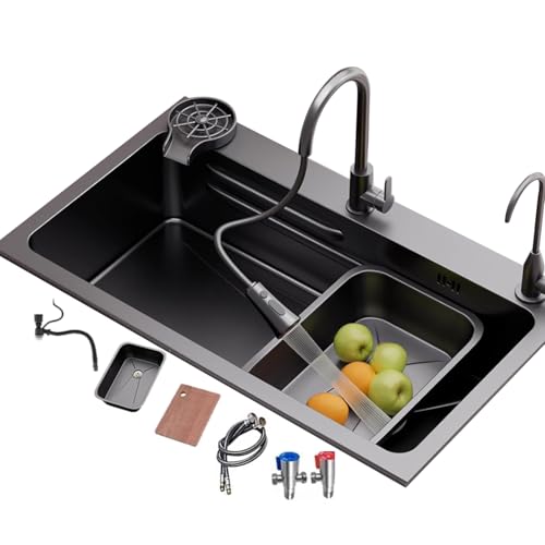 SXSLTSA Schwarzes Küchengeschirr aus Edelstahl, großes Einzelbecken mit Tassenspüler, leicht zu reinigen, komplettes Zubehör, ausziehbarer Wasserhahn (60 x 45 x 22 cm) von SXSLTSA