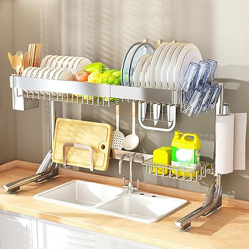 SXSLTSA Verstellbares Abtropfgestell aus Edelstahl – 2-stufiges Abtropfgestell für die Küchentheke | Ausziehbares Regal multifunktionale Aufbewahrung 63–90 cm von SXSLTSA