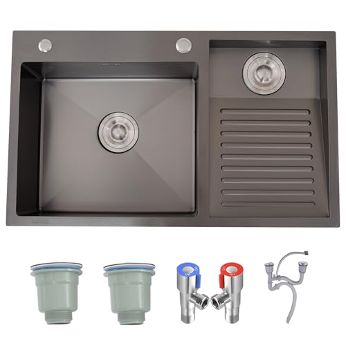 SXSLTSA Waschtisch mit Waschbrett, SUS 304 Edelstahl, Badezimmer, Doppelbecken, Einbauwaschbecken, Silber/Schwarz, mehrere Größen, für Haushalt, Pool, Balkon, Zimmer (Schwarz-R, 80 x 48 cm von SXSLTSA