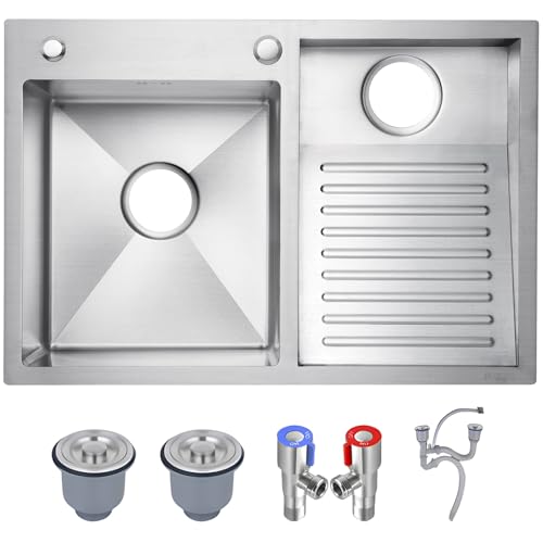 SXSLTSA Waschtisch mit Waschbrett, SUS 304 Edelstahl, Badezimmer, Doppelbecken, Einbauwaschbecken, Silber/Schwarz, mehrere Größen, für Haushalt, Pool, Balkon, Zimmer (Silber-R, 70 x 48 cm) von SXSLTSA
