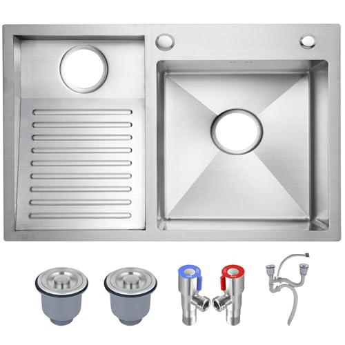 Waschtisch mit Waschbrett, Edelstahl SUS 304, Doppelbecken, Einbau, Silber/Schwarz, 80 x 48 cm, Unterbau von SXSLTSA