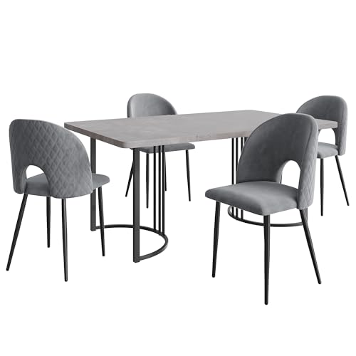Essgruppe,(Set,140×80cm Esstisch mit 4 Stühlen), Moderner Küchentisch Set, Samt Esszimmerstuhl Mit Diamantmuster,Verstellbare Stuhlbeine,Grau Samt,MDF Tischplatte in Grau,Schwarz Tischbeine von SXTXOZ