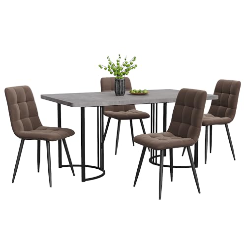 Essgruppe (5-TLG),Esstisch mit 4 Stühlen Set, Moderner Küchentisch Set, 140×80cm Küchentisch mit Schwarz Metallbeinen, MDF Tischplatte in Grau,Braun Samt Esszimmerstühle von SXTXOZ