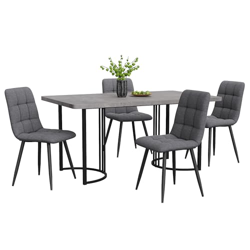 Essgruppe (5-TLG),Esstisch mit 4 Stühlen Set, Moderner Küchentisch Set, 140×80cm Küchentisch mit Schwarz Metallbeinen, MDF Tischplatte in Grau,Dunkelgrau Leinen Esszimmerstühle von SXTXOZ