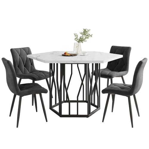 Esstisch- und Stuhlset (5-teiliges Set), moderner sechseckiger Marmor-Esstisch + 4 Esszimmerstühle aus grauem Samt, um EIN warmes und modernes Restaurant zu schaffen von SXTXOZ
