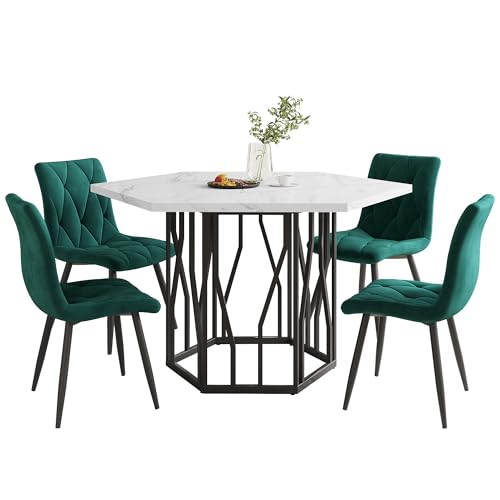 Esstisch- und Stuhlset (5-teiliges Set), moderner sechseckiger Marmor-Esstisch + 4 Esszimmerstühle aus grünem Samt, um EIN warmes und modernes Restaurant zu schaffen von SXTXOZ