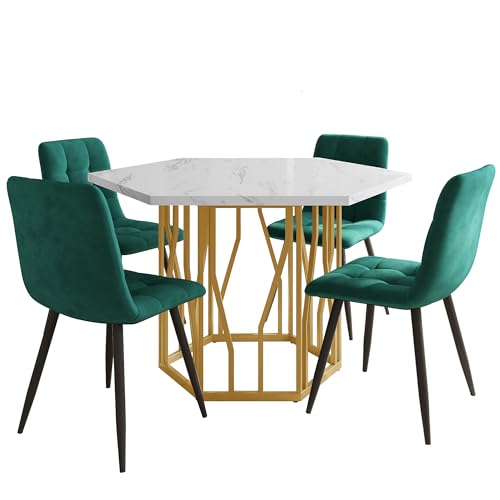 Esstisch- und Stuhlset (5-teiliges Set), moderner sechseckiger Marmor-Esstisch + 4 Esszimmerstühle aus grüner Samt, um EIN warmes und modernes Restaurant zu schaffen, Goldfarbene Tischbeine von SXTXOZ