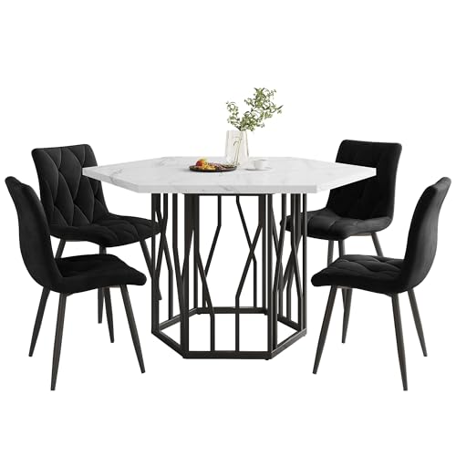 Esstisch- und Stuhlset (5-teiliges Set), moderner sechseckiger Marmor-Esstisch + 4 Esszimmerstühle aus schwarzem Samt, um EIN warmes und modernes Restaurant zu schaffen von SXTXOZ