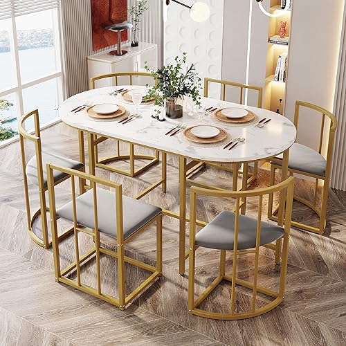 Sechs-Stuhl Esstischset:(Weißer Tisch, Stühle mit Rückenlehnen und grauen Polstern, Goldfarbenes Eisengestell),Esszimmertisch und Stuhlset,Moderne Esstischkombination(Previous SKU: 308399408AA) von SXTXOZ