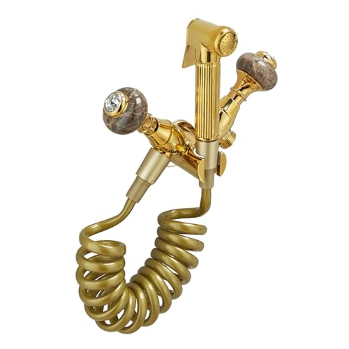 SXWYLZ Retro Handbrause Toilette Set Ein Einlass Zwei Auslässe Bidet Handbrause Set Geeignet für die Badezimmerreinigung und Private Dusche, Gold + Kaffeejade von SXWYLZ