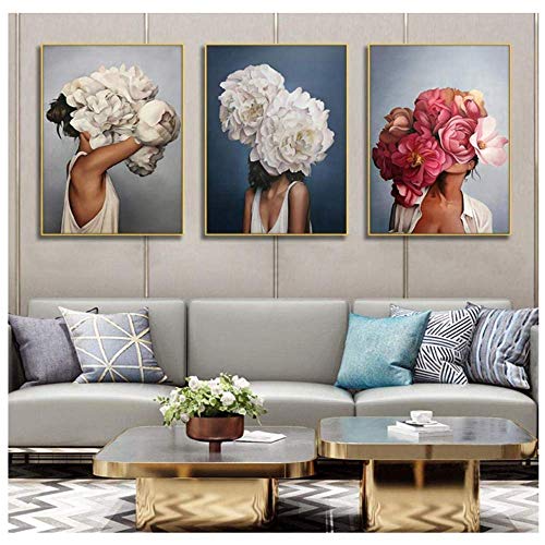 SXXRZA Leinwand Kunstwerk 3x60x80cm ohne Rahmen Porträt Kunst Leinwandbilder Leinwanddrucke Wandkunst Frauen mit Blumen Bilder für Wohnzimmer Dekor von SXXRZA