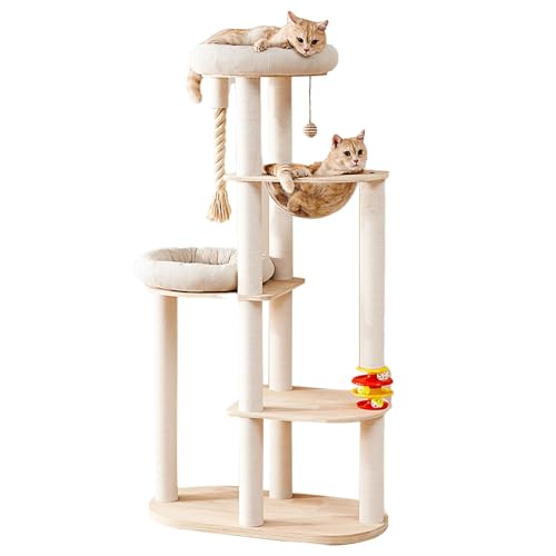 Moderner Kratzbaum, All-in-One-Aktivitätskratzbäume mit Kratzbaum, Hängematte mit Schlafstange und Spielbällen, Großer Mehrstöckiger Katzenkratzbaum von SXYCKRUI