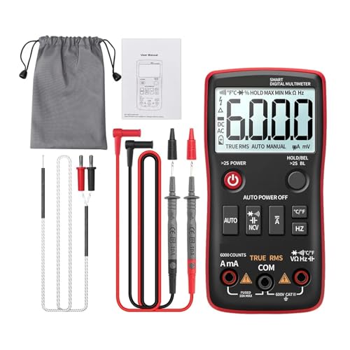 Multi Tester AN113B Digitalmultimeter True RMS Mit Temperaturtester 6000 Counts Auto Ranging AC/DC Transistor Spannungsmesser(AN113B Red) von SXYGYWA