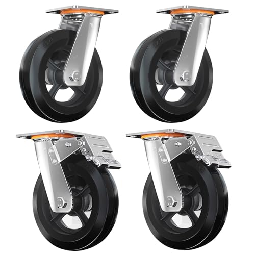 Schwerlast-Lenkrollen, Industrierollen, Trolley-Räder aus Polyurethan, mit 360-Grad-Oberplatte, 4er-Pack (2 Bremsen, 2 ohne Bremsen), Tragfähigkeit je 350 kg (770 lbs) (150 mm (6 Zoll)) von SXYKXYDL