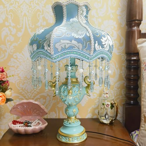 SXYSXYSXY Blau Vintage Schlafzimmer Nachttischlampe Europäischer Stil Harz Tischleuchte Stoffschirm Modern dekorative Tischlampe E27 Studieren Wohnzimmer Hotel 30 * 50CM von SXYSXYSXY