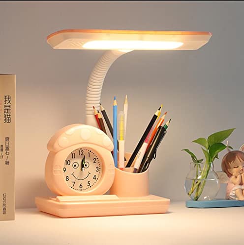 SXYSXYSXY LED Kinder Schreibtischlampe Tischlampe mit Uhr Karikatur Verstellbare Leselampe Schlafzimmer Nachttischlampe Button Switch DREI-Farben-Dimming for büro Schüler Augenschutzlampe,Rosa von SXYSXYSXY