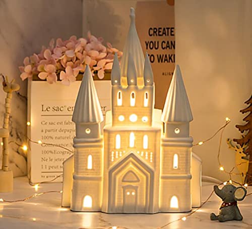 SXYSXYSXY LED Nachtlicht Keramik Tischlampe Warmes Licht 3000K 3W Das Schloss Tischleuchte Nordic Dekorative Nachttischlampe für Schalfzimmer Wohnzimmer Hotel Café Kinderzimmer 20 * 29cm von SXYSXYSXY
