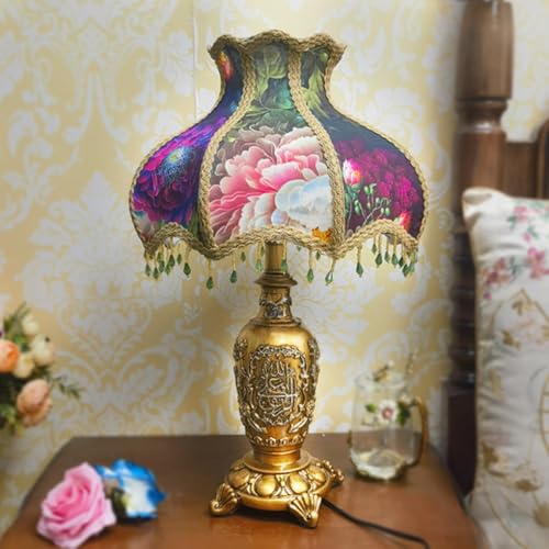 SXYSXYSXY Vintage Europäischer Stil Schlafzimmer Nachttischlampe Harz Tischleuchte Stoffschirm Modern dekorative Tischlampe E27 Studieren Wohnzimmer Hotel 32 * 52CM,A von SXYSXYSXY