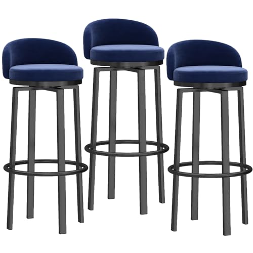 Drehbare Barhocker, 3er-Set, mit Samtstoff gepolsterter Sitz mit Rückenlehne und schwarzen Metallbeinen, Theken-Frühstücksstühle für Kücheninsel/Hausbar, Blau, 25,6 Zoll (Blau 75 cm (29,5 Zoll)) von SXZBTWIJ