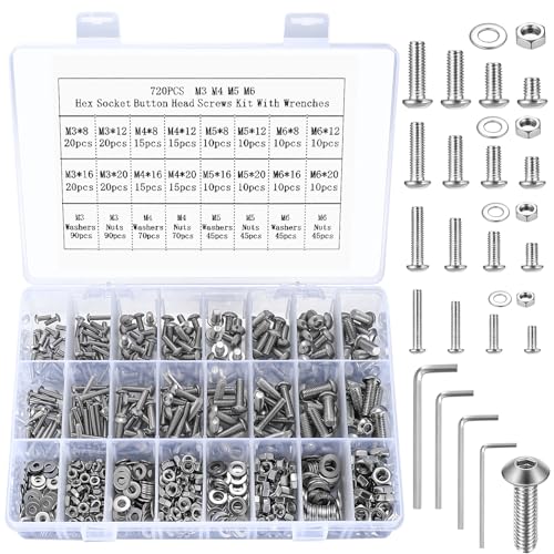 720 Stk Linsenkopf Innensechskant Maschinenschrauben Muttern und Unterlegscheiben Sortiment Set, M3 M4 M5 M6 Gewindeschrauben Innensechskant Linsenkopfschrauben und Muttern Kit von SYBDXJ