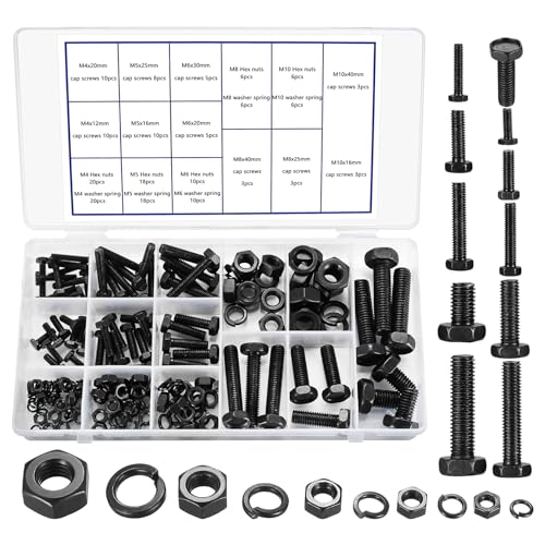 Sechskantschrauben und Muttern mit Unterlegscheiben Set, 180 Stk. Maschinenschrauben Gewindeschrauben mit Sechskantmuttern und Unterlegscheiben Sortiment Kit, Metrische M4/M5/M6/M8/M10 von SYBDXJ