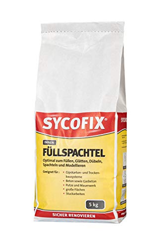 Füllspachtel 5 kg zum Füllen, Glätten, Spachteln, Dübeln und Modellieren, Gipskarton- und Trockenbausystemen, Beton, Putze, Mauerwerk, auch für Stuckarbeiten. Für innen, mit hohem Weißgrad von SYCOFIX