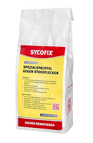 Spezialspachtel gegen Stockflecken 1,5 kg für Innen und Außen, sowie Bad, Dusche, Küche, auf allen mineralischen Untergründen (Kalk, Beton, Gipsputz) einsetzbar, hoher Weißgrad von SYCOFIX