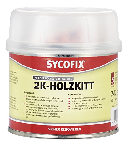 Sycofix 2-K Holzkitt 242 g + 8 g Härter, innen und außen, Verkleben von Holz, Metall, Keramik, Stein, Glas, Holzspachtelmasse, Füllmasse zum Reparieren von Holzschäden, rissbeständig Sycofix 2-K Holzkitt 242 g + 8 g Härter, innen und außen, Verkleben von Holz, Metall, Keramik, Stein, Glas, Holzspachtelmasse, Füllmasse zum Reparieren von Holzschäden, rissbeständig von SYCOFIX