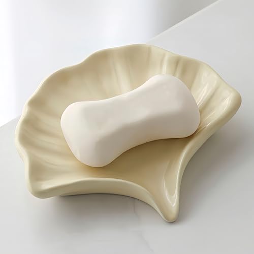 SYDDOL Seifenschale Ginkgoblatt Keramik Selbstentleerend Seifenhalter Blatt Schmucktablett Geeignet für Badezimmer Küche Spüle Waschtisch Moderne Wohnkultur Geschenke für Frauen (Creme) von SYDDOL INSPIRED