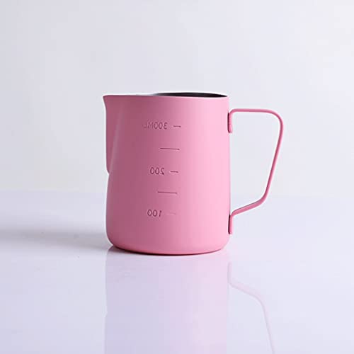 SYDM Milchschaumkrug Milchschädender Pitcher12Oz /20.3oz Edelstahl-Kaffeetopf mit Waagen innen und außerhalb Barista-zu-Lmilk-Schaumbecher Milchkaffee (Color : Pink, Größe : 350ml) von SYDM