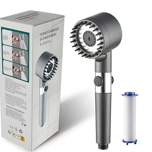 SYFUNLV Duschkopf mit Filter,Hochdruck Regendusche Duschkopf,Massage Handbrause mit 3+1 Strahlarten,Regendusche Duschkopf mit Stoppfunktion,Hochdruck Handbrause mit Schlauch (Stil 1,Grau) von SYFUNLV