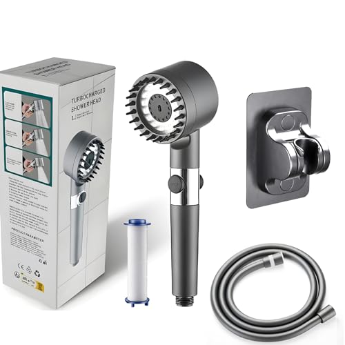 SYFUNLV Duschkopf mit Filter,Hochdruck Regendusche Duschkopf,Massage Handbrause mit 3+1 Strahlarten,Regendusche Duschkopf mit Stoppfunktion,Hochdruck Handbrause mit Schlauch (Stil 3,Grau) von SYFUNLV