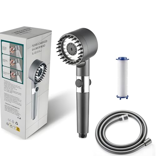 SYFUNLV Duschkopf mit Filter,Hochdruck Regendusche Duschkopf,Massage Handbrause mit 3+1 Strahlarten,Regendusche Duschkopf mit Stoppfunktion,Hochdruck Handbrause mit Schlauch (Stil 4,Grau) von SYFUNLV