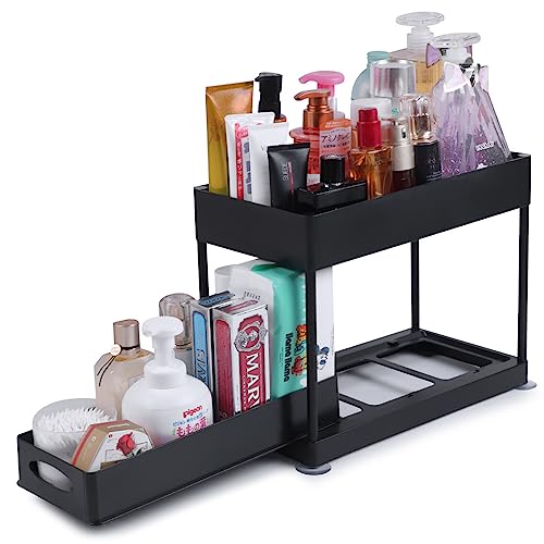 SYFUNLV Sink Schrank Organizer,2 Ebenen Unter Spüle Regal,Badregal, 1 Fahrgestell, 2 Aufbewahrungsboxen, 4 Eisenhalterungen, 4 Haken, 4 Fußpolster,Ideal für Küche zu Hause Aufbewahrung von SYFUNLV