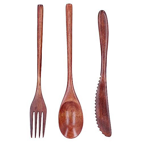 Holzbesteck-Set, 3-teiliges Holzlöffel-Gabel-Messer-Besteck-Set Holz-Essbesteck-Set für Zuhause, Hotel, Essen und Restaurant von SYH&AQYE