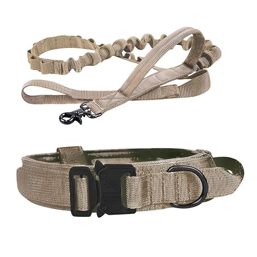 SYH&AQYE Taktisches Hundehalsband- und Leinenset, verstellbar, strapazierfähig, for kleine, mittelgroße und große Hunde(Khaki,L) von SYH&AQYE