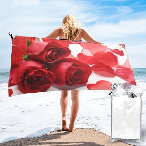 Badetuch mit Rosen- und roten Blütenblättern, schnelltrocknend, 160 x 80 cm, super saugfähige Mikrofaser-Handtücher für Reisen, Strand und Fitnessstudio von SYLALE