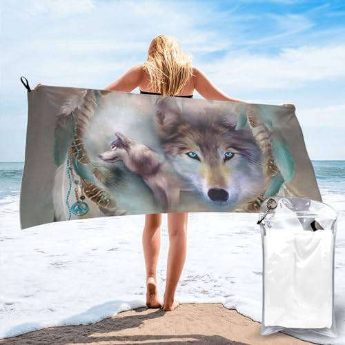 Badetuch mit Wolfs-Traumfänger-Druck, schnelltrocknend, 140 x 70 cm, super saugfähige Mikrofaser-Handtücher für Reisen, Strand und Fitnessstudio von SYLALE