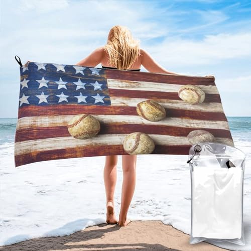 Badetuch mit amerikanischer Flagge und Baseball-Druck, schnelltrocknend, 160 x 80 cm, super saugfähige Mikrofaser-Handtücher für Reisen, Strand und Fitnessstudio von SYLALE