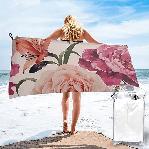 Badetuch mit rosa Blumen- und Rosenmuster, schnell trocknend, 160 x 80 cm, super saugfähige Mikrofaser-Handtücher für Reisen, Strand und Fitnessstudio von SYLALE