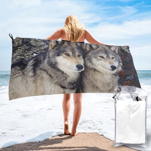 Badetuch mit zwei Wölfen, schnelltrocknend, 160 x 80 cm, super saugfähige Mikrofaser-Handtücher für Reisen, Strand und Fitnessstudio von SYLALE