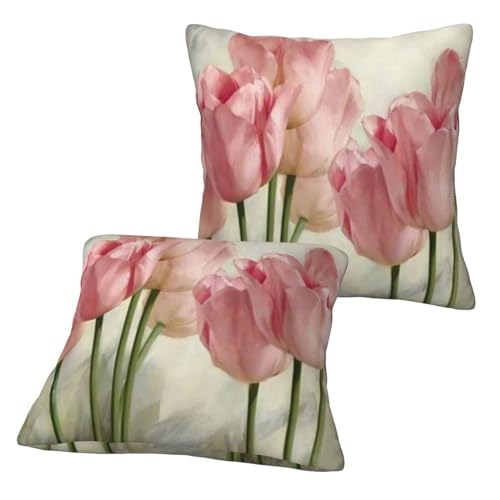 Quadratische dekorative Kissenbezüge, Motiv: rosa Tulpen, 40 x 40 cm, 2 Stück von SYLALE