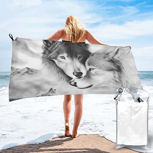 Schwarz-weißer Wolfsdruck, schnell trocknendes Badetuch, 160 x 80 cm, super saugfähige Mikrofaser-Handtücher für Reisen, Strand und Fitnessstudio von SYLALE