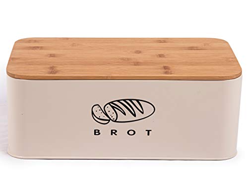 SYLANDO Brotkasten mit Großer Kapazität, Hochwertige Metall Brotbox, Die Aufbewahrung für noch länger frisches Brot, Deckel aus Ökologisches Bambus (Beige, Groß: 42 * 23 * 17 cm) von SYLANDO