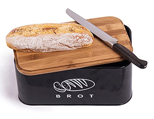 SYLANDO Brotkasten mit Großer Kapazität, Hochwertige Metall Brotbox, Die Aufbewahrung für noch länger frisches Brot, Deckel aus Ökologisches Bambus (Schwarz, Klein: 31 * 19 * 15 cm) von SYLANDO