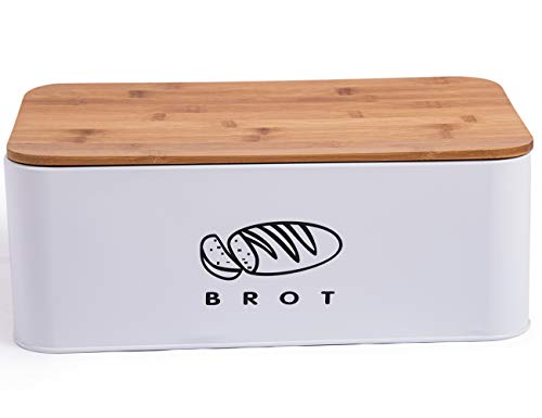 SYLANDO Brotkasten mit Großer Kapazität, Hochwertige Metall Brotbox, Die Aufbewahrung für noch länger frisches Brot, Deckel aus Ökologisches Bambus (Weiß, Groß: 42 * 23 * 17 cm) von SYLANDO