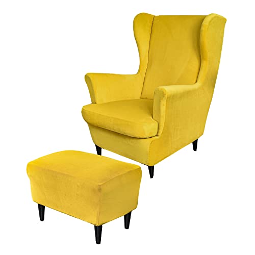 2 Teilig Ohrensessel Überzug Mit Ottomane Schonbezug Stretch Samt, Sessel Überwürfe Ohrensesselbezüge Bezug Sesselhusse Tiger Stuhlbezug (Gelb,Wingchair & Ottoman) von SYLC