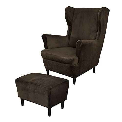 2 Teilig Ohrensessel Überzug Mit Ottomane Schonbezug Stretch Samt, Sessel Überwürfe Ohrensesselbezüge Bezug Sesselhusse Tiger Stuhlbezug (Kaffee,Wingchair & Ottoman) von SYLC